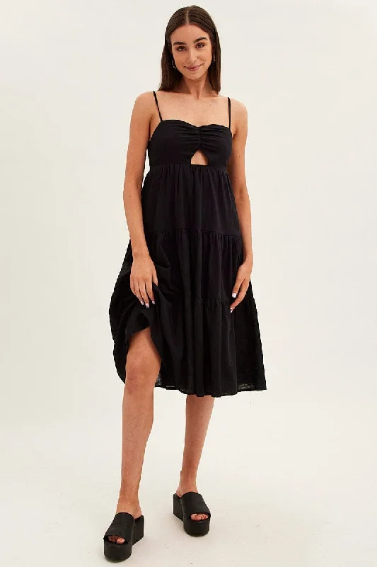 Black Midi Dress Sleeveless Ruched Tiered