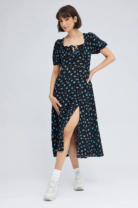 Blue Floral Midi Dress Puff Sleeve Midi