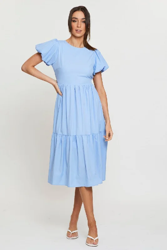 Blue Midi Dress Short Sleeve Round Neck