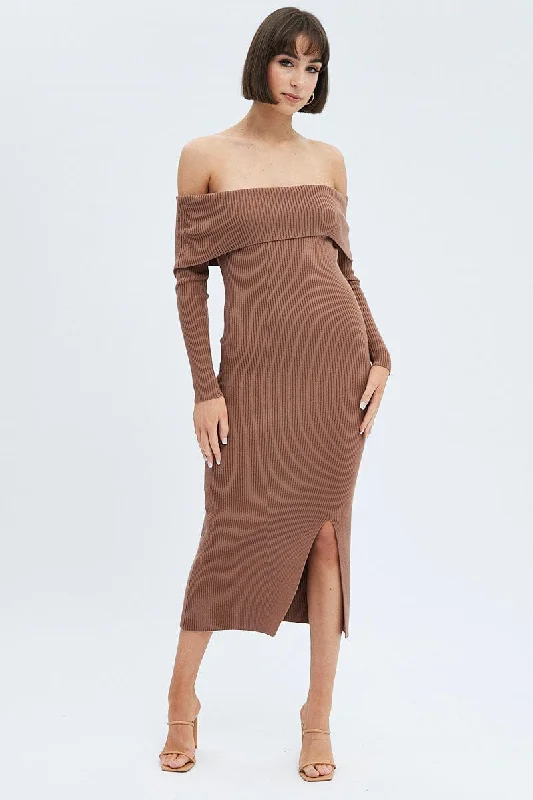 Brown Midi Dress Long Sleeve Off Shoulder Bardot Knit