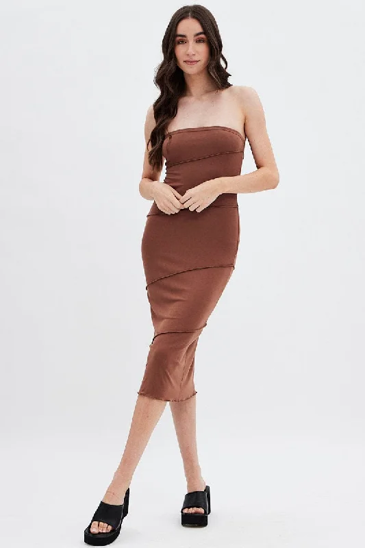 Brown Ribbed Bodycon Midi Dress