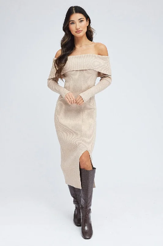 Camel Midi Dress Long Sleeve Off Shoulder Bardot Knit