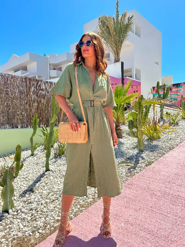 Cant Help Myself - Khaki Midi Shirt Belt Dress