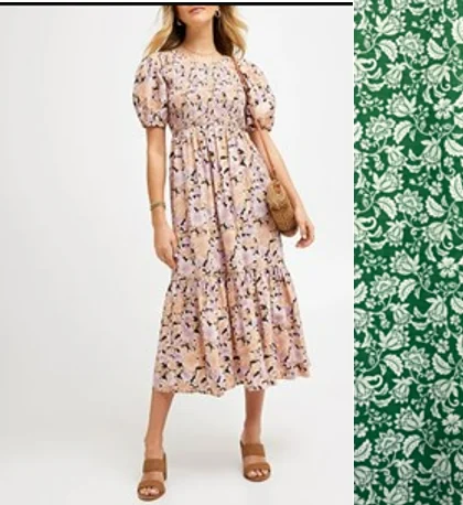 3/4 Puff Sleeve Shirred Green Print Midi Dress DITSY PRT