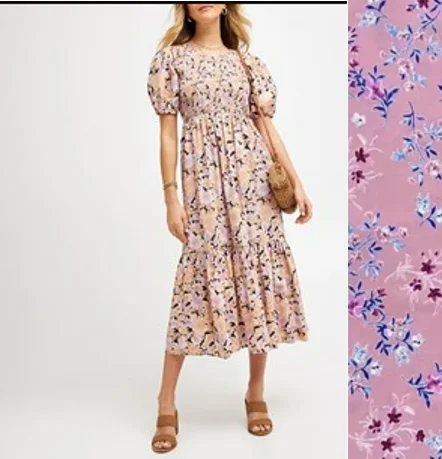 3/4 Puff Sleeve Shirred Pink Print Midi Dress DITSY PRT