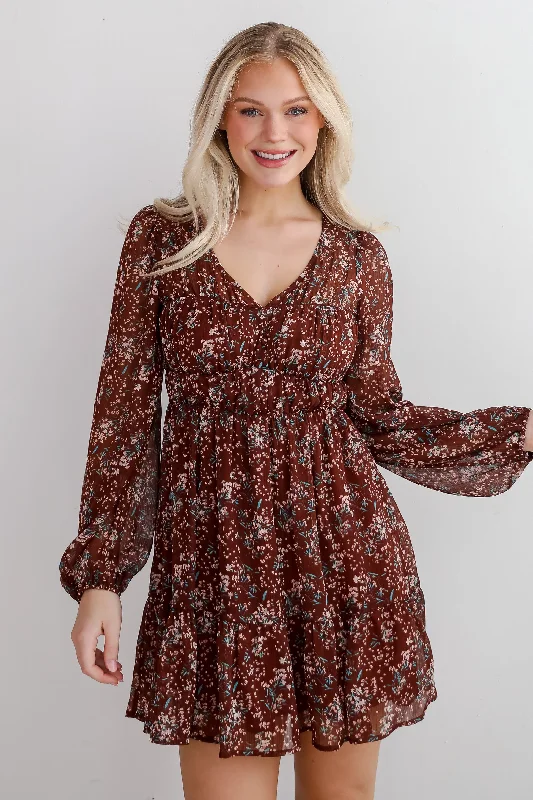 Charming Invitation Brown Floral Mini Dress