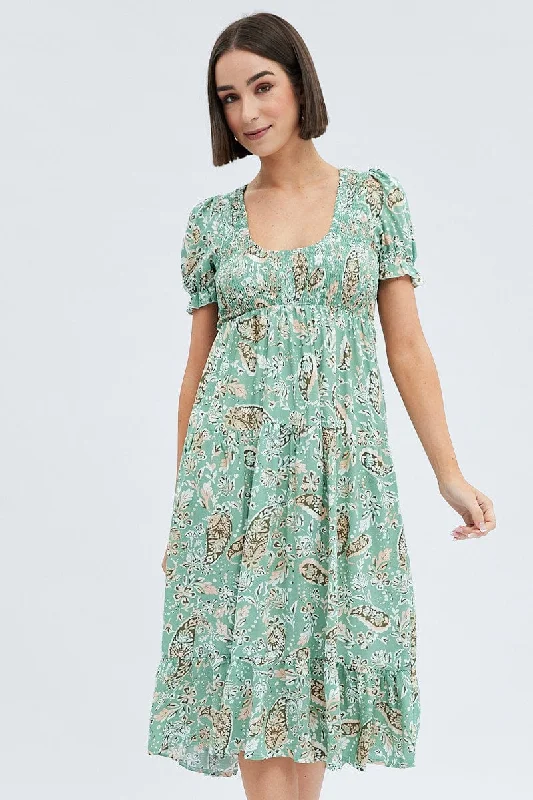 Floral Print Puff Sleeve Midi Dress