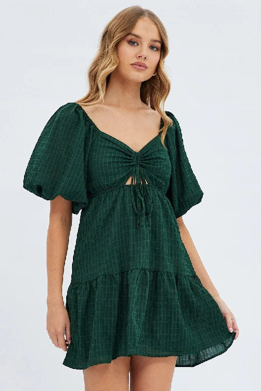 Green Fit And Flare Dress Mini Ruched Bust