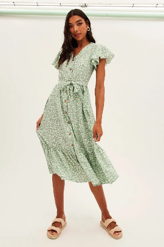 Green Floral Button Front Bell Sleeve Midi Dress