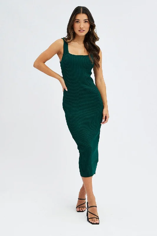 Green Knit Midi Dress Sleeveless Scoop Neck Bodycon Rib