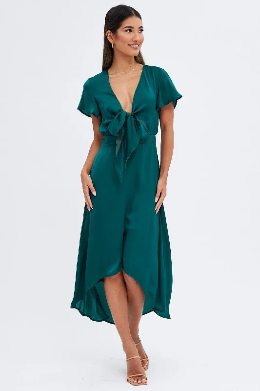 Green Midi Dress Short Sleeve Tie Back Satin