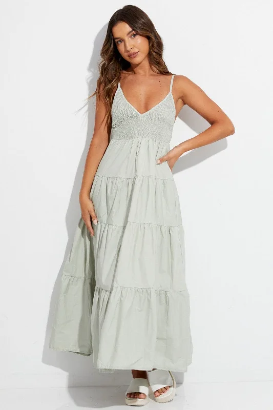 Green Midi Dress Sleeveless V Neck