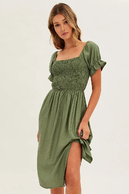 Green Midi Dress Square Neck Puff Sleeve