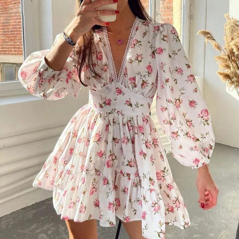 Light Floral Lantern Sleeve V-Neck Mini Dress