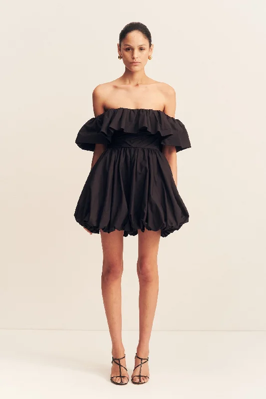 MAIORI OFF SHOULDER DRAPED BUBBLE MINI DRESS - BLACK