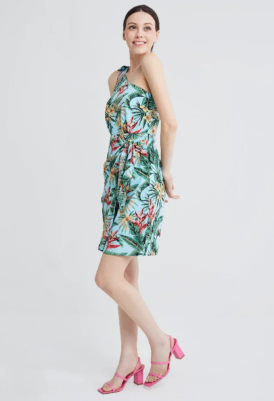 One Shoulder Tropical Vacay Tie Dress