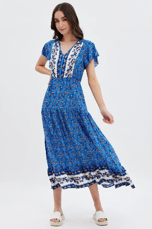 Blue Boho Bell Sleeve Midi Dress