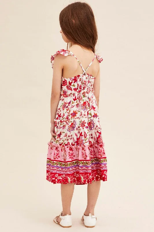 Pink Boho Kids Midi Dress Tiered