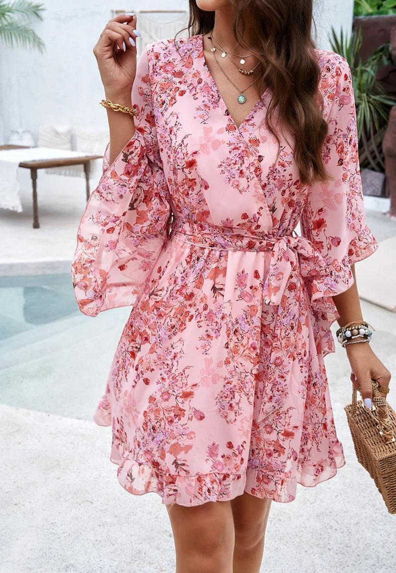 Pink Floral Boho Mini Dress