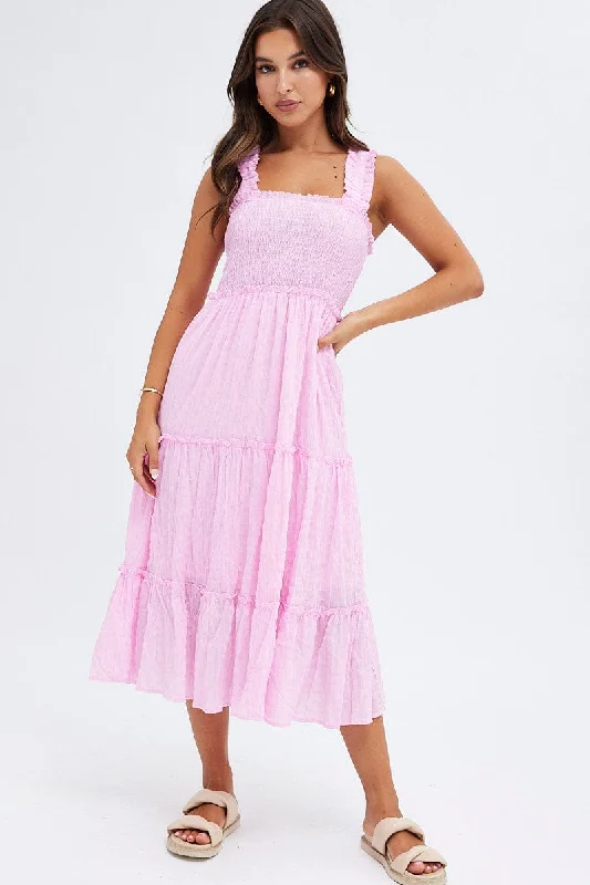 Pink Midi Dress Shirred Bust Tiered