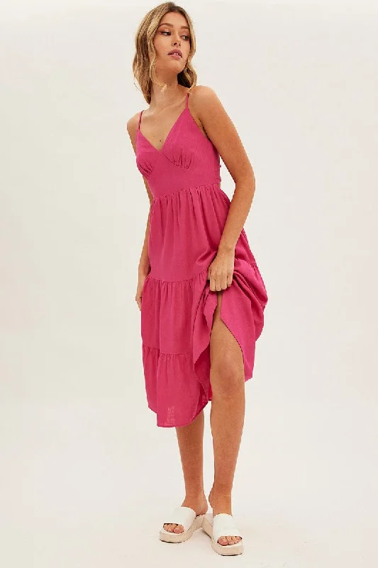 Pink Midi Dress Sleeveless V Neck Tiered Linen Blend