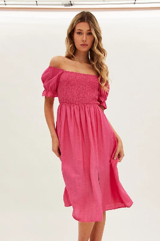 Pink Midi Dress Square Neck Puff Sleeve