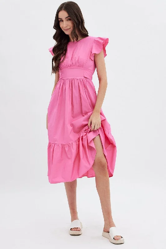 Pink Tie Back Midi Dress