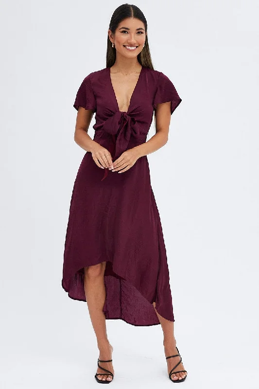 Purple Midi Dress Short Sleeve Tie Back Satin