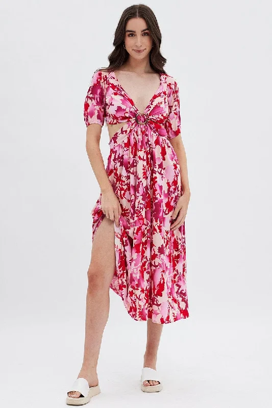 Red Floral Cutout Midi Dress