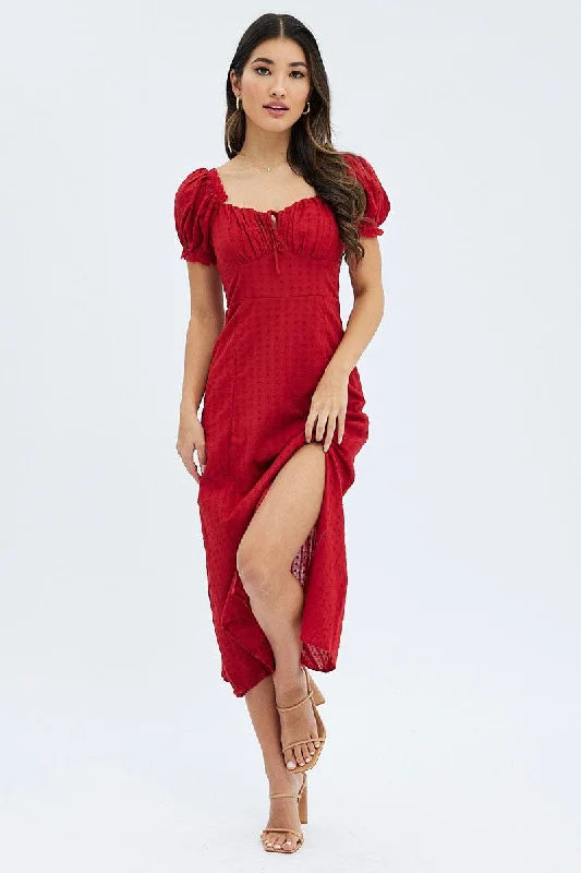 Red Midi Dress Puff Sleeve Gathered Bust Cotton