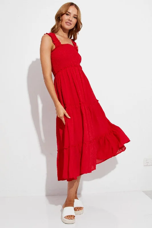 Red Midi Dress Shirred Bust Tiered