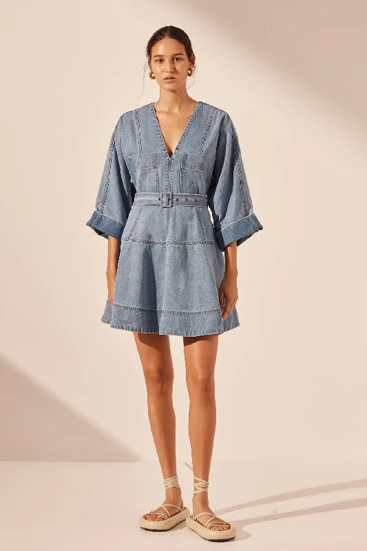 STELLA PATCH POCKET MINI DRESS - MID BLUE