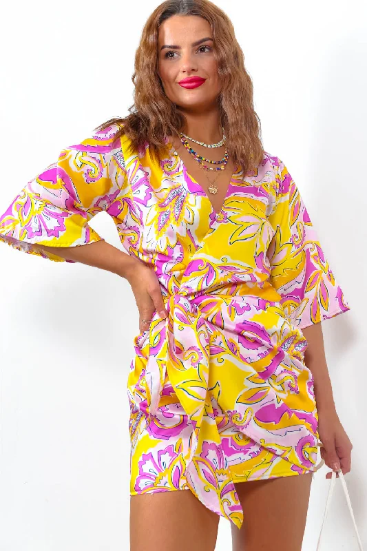 What A Breeze - Yellow Print Wrap Dress