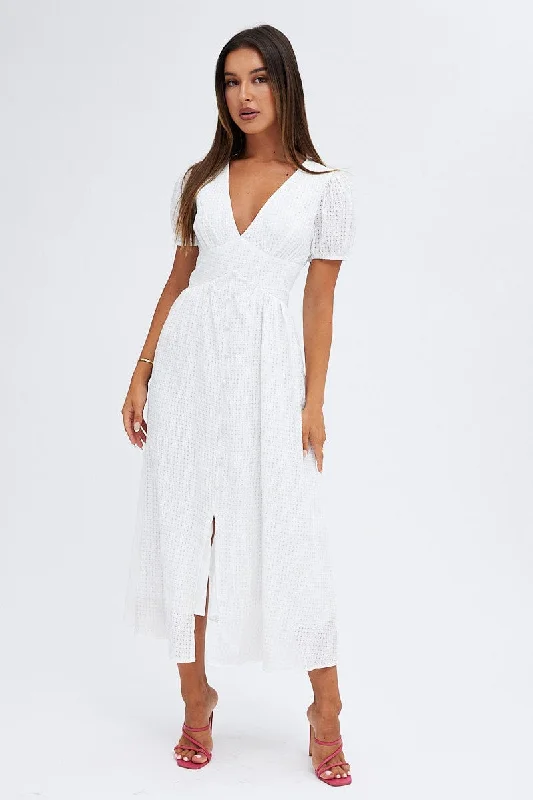 White Front Split Midi Dress