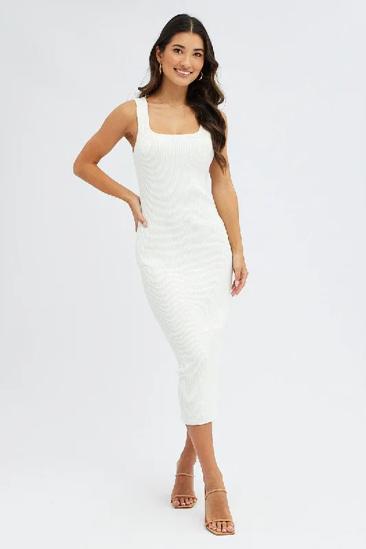 White Knit Midi Dress Sleeveless Scoop Neck Bodycon Rib