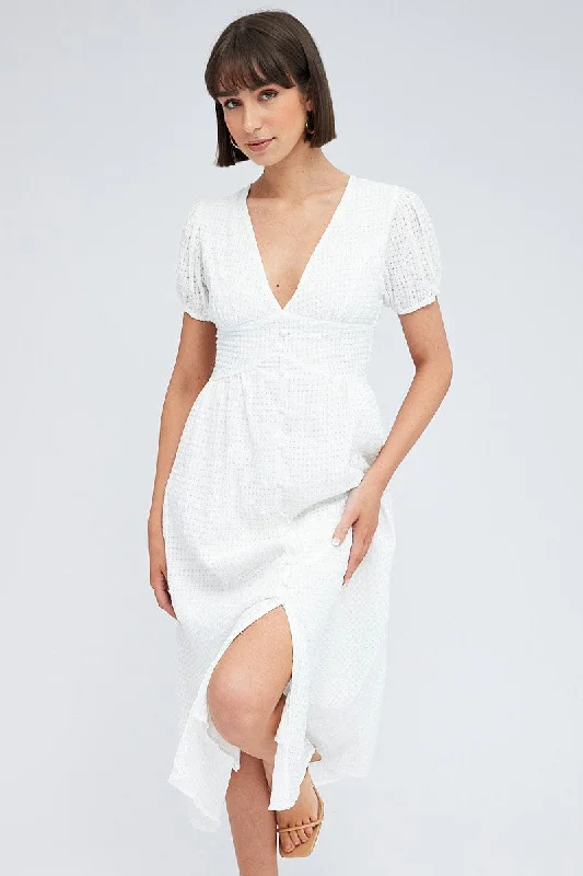 White Midi Dress Puff Sleeve