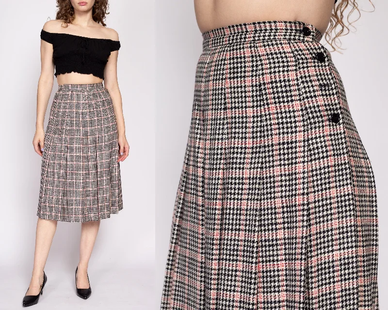 80s Houndstooth Pleated Midi Skirt - Extra Small, 24"