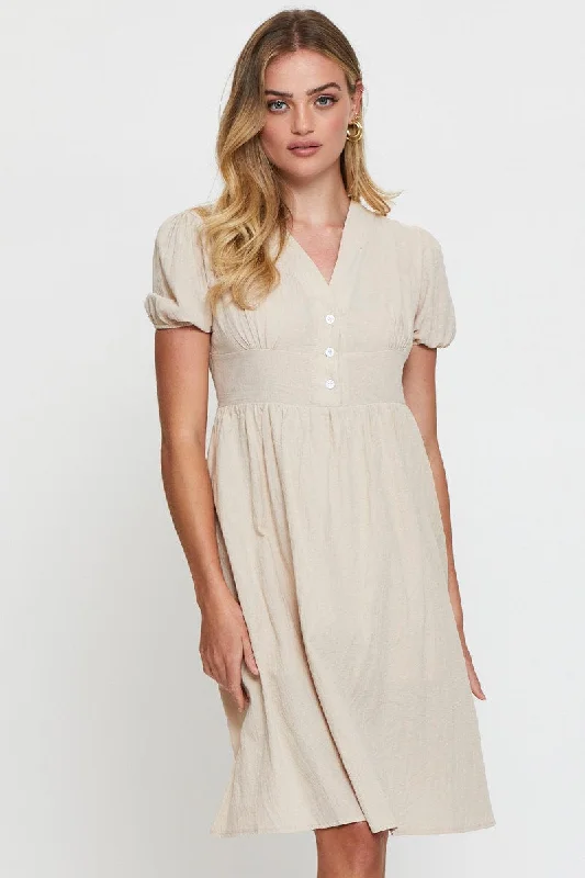 Beige Midi Dress Short Sleeve V Neck