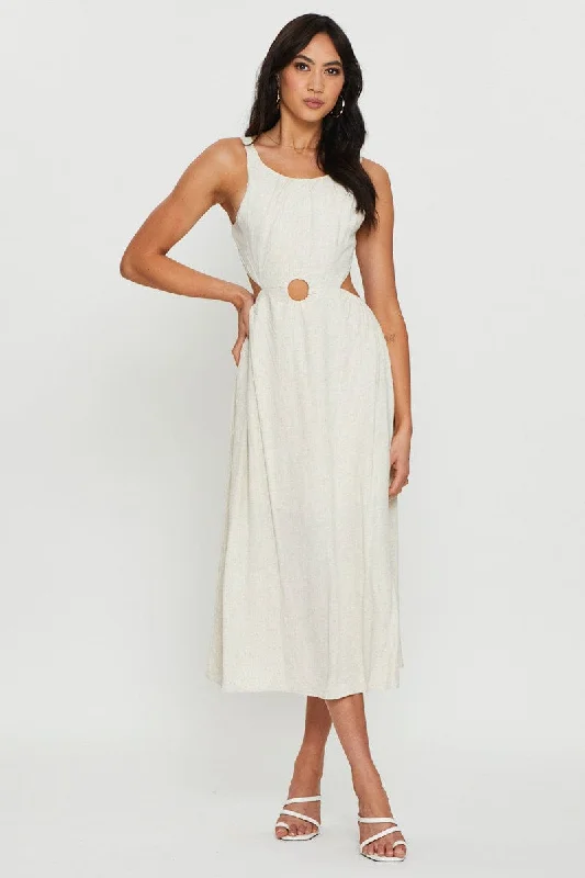 Beige Midi Dress Sleeveless Linen