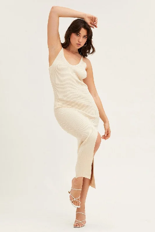 Beige V Neck Kint Midi Dress