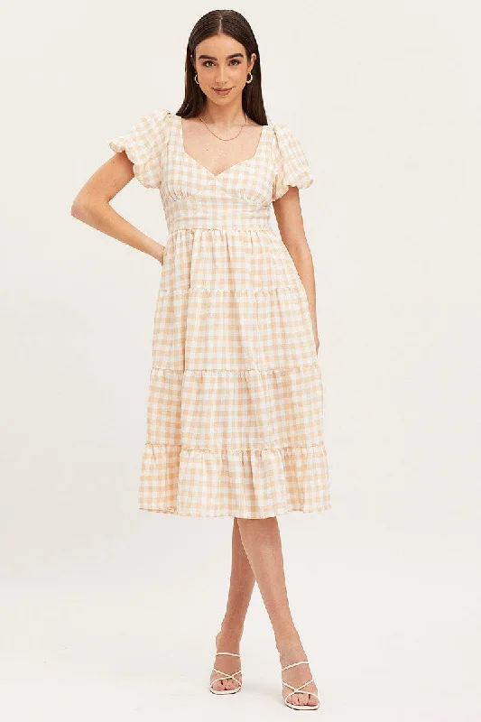 Black Check Midi Dress Short Sleeve Evening