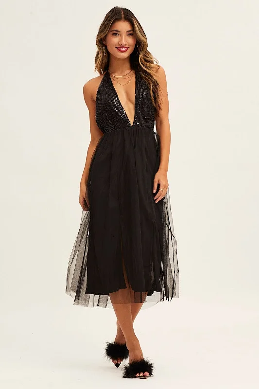 Black Midi Dress Backless V Neck Lace