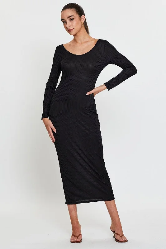 Black Midi Dress Long Sleeve Bodycon