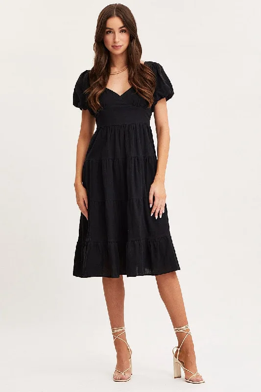 Black Midi Dress Short Sleeve Evening