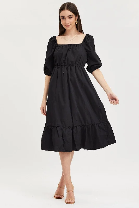 Black Midi Dress Short Sleeve Square Neck