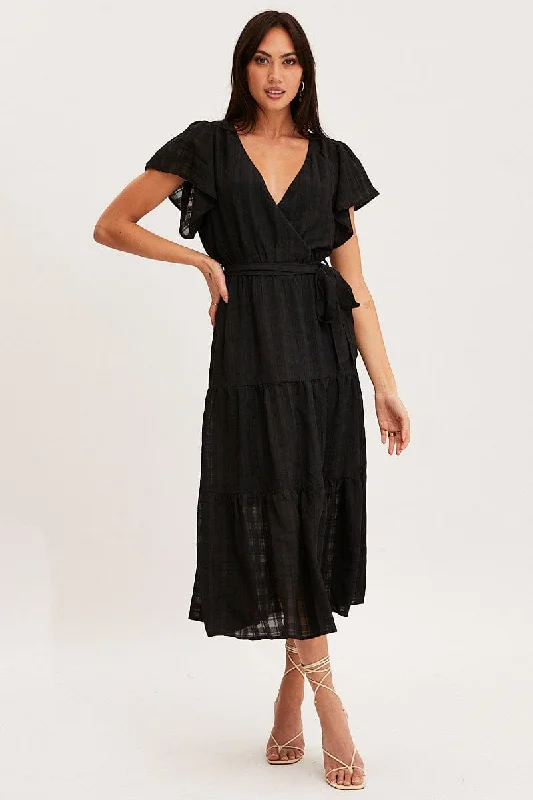 Black Midi Dress Short Sleeve V Neck