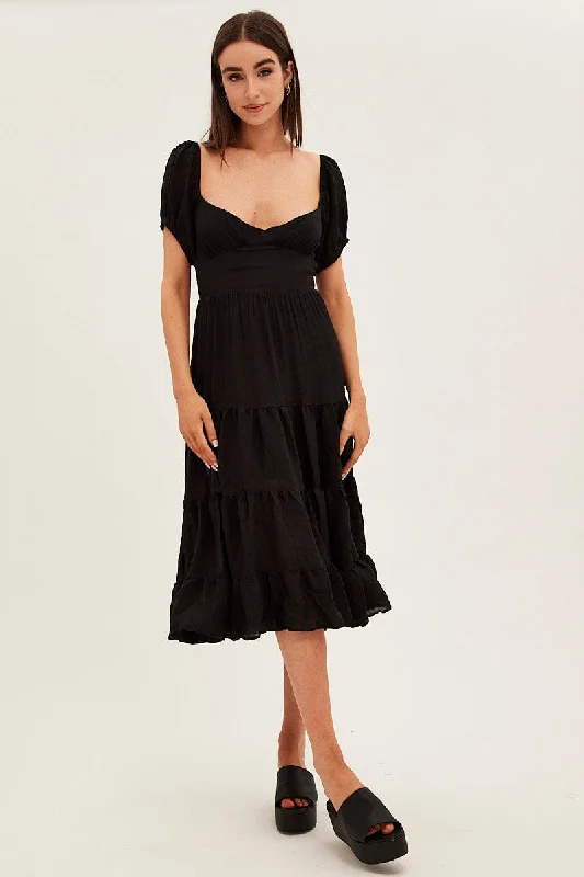 Black Midi Dress Short Sleeve V-Neck