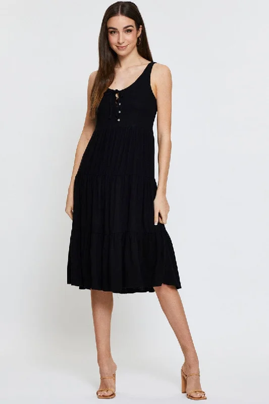 Black Midi Dress Sleeveless Linen