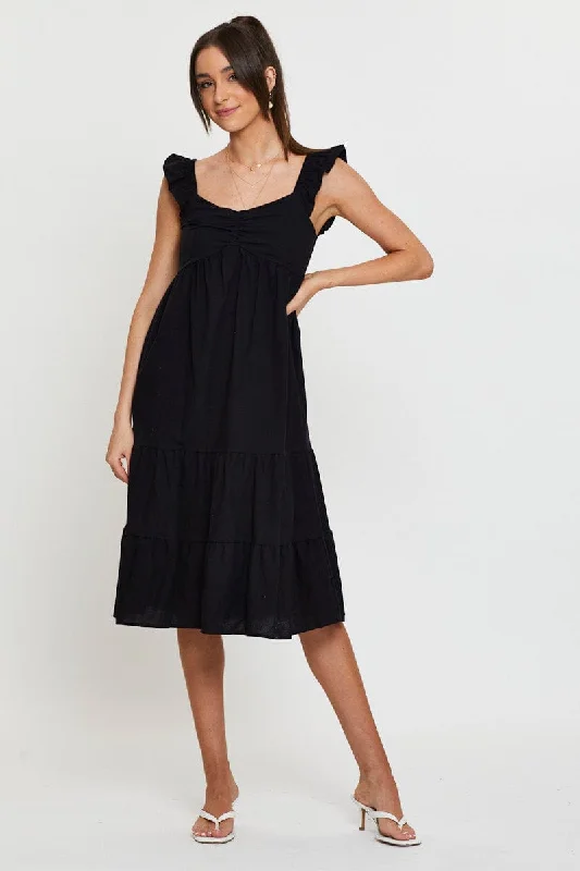 Black Midi Dress Sleeveless Square Neck