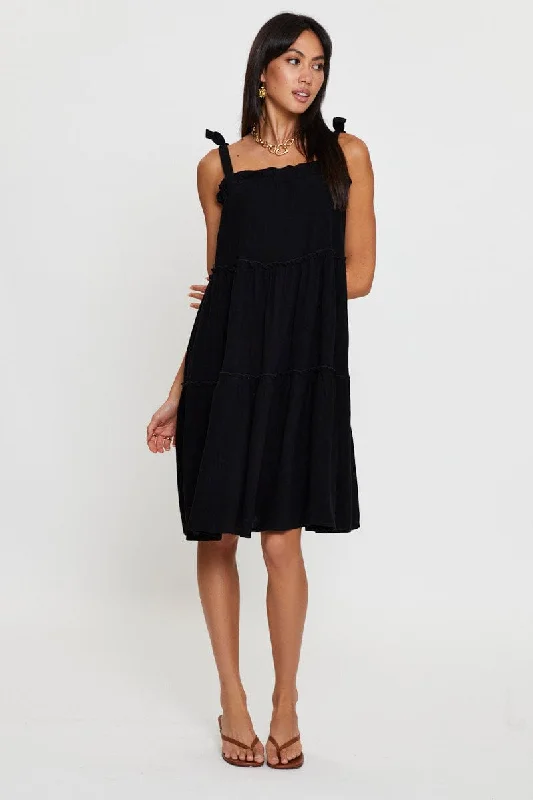 Black Midi Dress Sleeveless Tie Shoulder